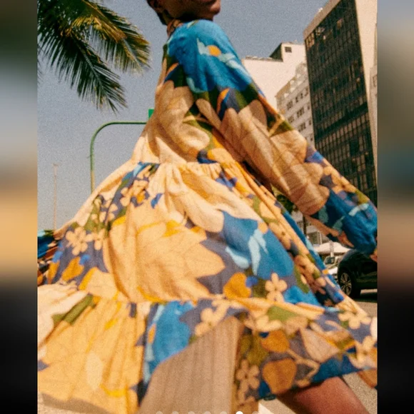 Sezane Hilma Long Sleeve Floral Dress - Blue and Yellow -Sezane X Farm Rio